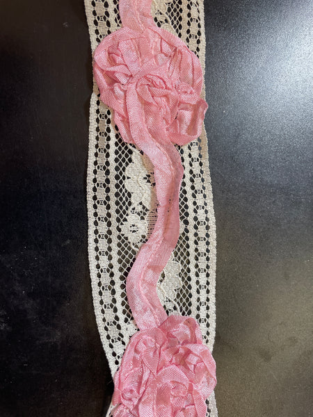 Vintage per Yard Ivory Lace Embrided Pink Satin Ribbon Trim 2”