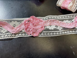 Vintage per Yard Ivory Lace Embroided Pink Satin Ribbon Trim 2”