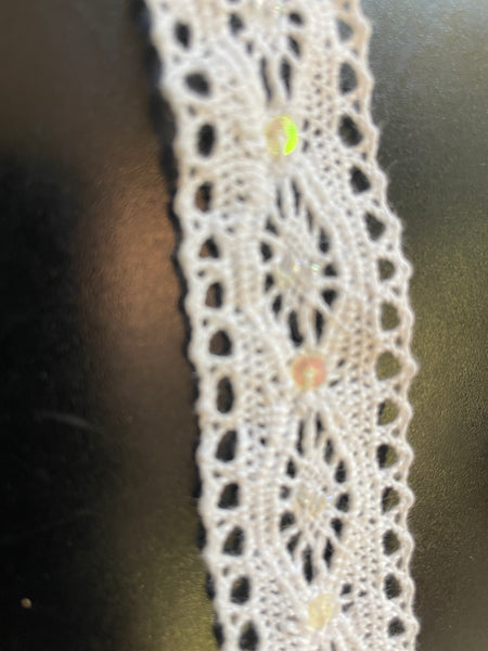 5 Yards White Crochet 1”WIDE IRIDESCENT SEQUINS Lace Trim