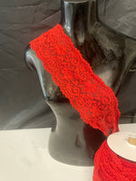 Red embossed stretch lace double scalloped lace trim 4.5” per yard