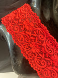 Red embossed stretch lace double scalloped lace trim 4.5” per yard