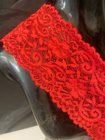 Red embossed stretch lace double scalloped lace trim 4.5” per yard