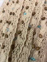2 yards natural beaded crochet wooden & blue acrylic stone Lace Trim 1 5/8”